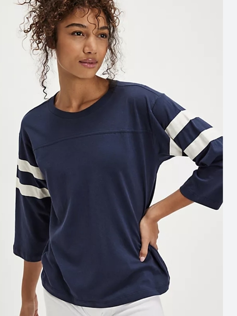 78 & Sunny Women's Navy Stripe Sleeve Long-Sleeve Tee
